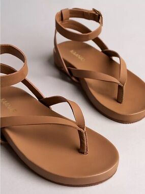 Kaanas Tan Leather-Look Strappy Ankle Wrap Sandals
